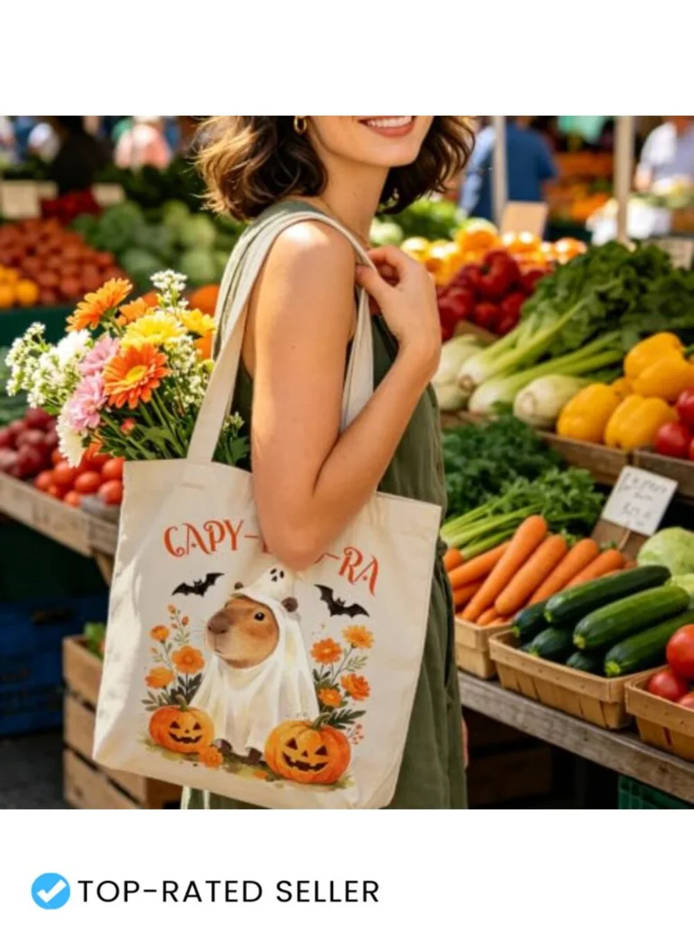 Canvas Tote Bag with Zipper Pocket Halloween Fall Pumpkin Design